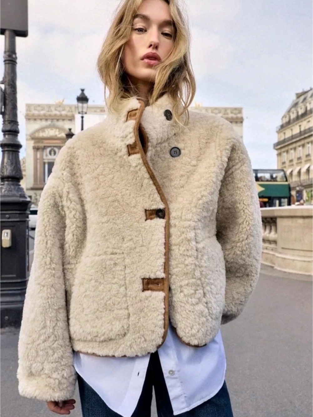 Zara Reversible Shearling Jacket Brown & Cream